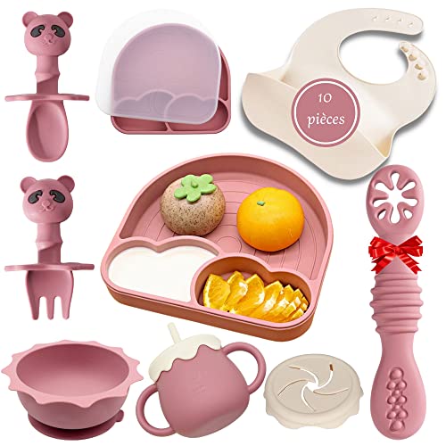 Assiette ventouse pour bébé avec compartiments, antidérapant en silicone sans BPA bol & cuillère d’apprentissage pour bebe 1er age - cadeau coffret repas bébés - lot de vaisselle passe au micro ondes