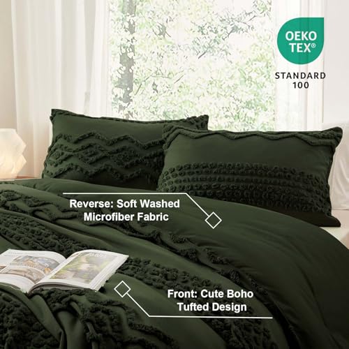 Image of Luxudecor Olive Green Boho Tufted Comforter Set King Size 3 Pieces Boho Shabby Chic Comforter Farmhouse Embroidery Bedding Set Soft Comforter for All Seasons (Olive Green, 104''x90'')