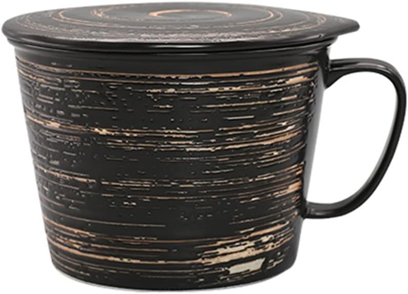 Japanese Ceramic Tableware Home Restaurant Instant Noodle Cup With Lid Breakfast Milk Oatmeal(Black)