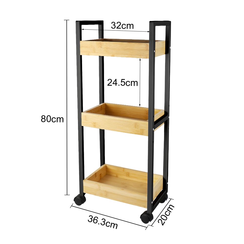 HUOLE Estantería Delgada de Baño, Carrito de Almacenamiento de 3 Niveles sobre Ruedas, Estantería de Bambú y Madera de Baño Estantería de Pie 3 Cestas dim. 30L x 20l x 80H cm-Negro