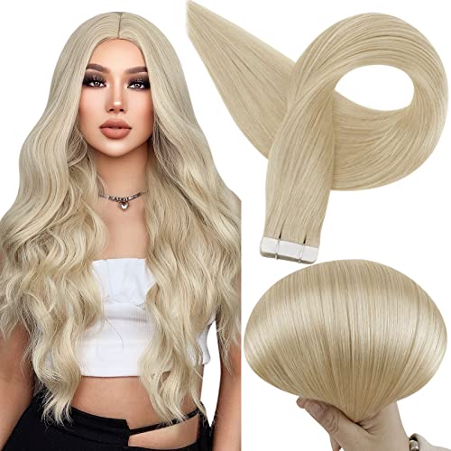 Full Shine Tape in Hair Extensions 20 Inch Hair Extensions Tape in Double Sided Seamless PU Tape in Hair Extensions Color 613 Bleach Blonde Real Remy Human Hair Extensions