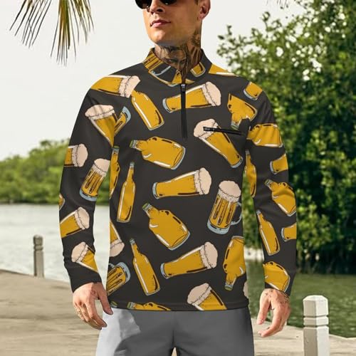 Fresh Beer with Mugs and Bottles Men's Rash Guard Long Sleeves Quick Dry Fishing Workout Shirts with Zipper2