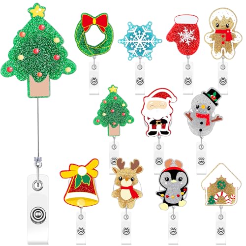 Quelay 11 carretes retráctiles para tarjetas de Navidad, con clip, reno, muñeco de nieve, Papá Noel, con purpurina, para enfermeras, estudiantes, regalos