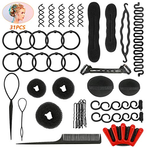 yidenguk Accessoires de Coiffure,31Pcs Set d'Outils de Coiffure Cheveux Coiffure Stylisée Accessoire Cheveux Filles Eponge en Mousse Clip à Chignon Tresse