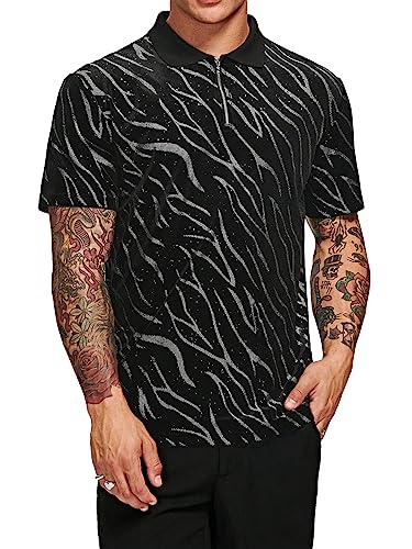 WDIRARA Men's Graphic Print Short Sleeve Zip Up Pullover Shirt Summer Golf Shirt