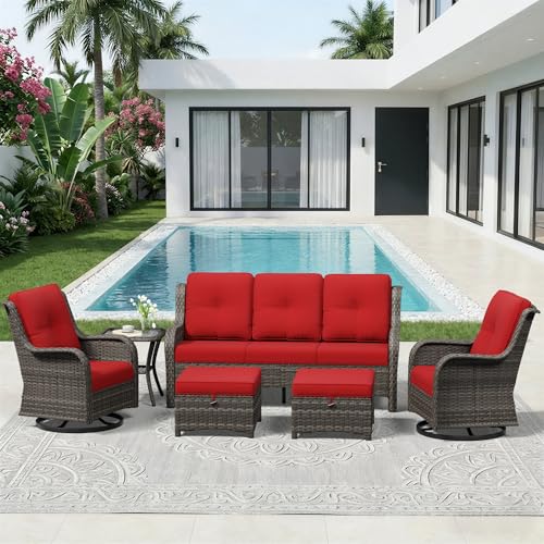 Image of 6 Piece Outdoor Wicker Patio Furniture Set, Outdoor Swivel Rocker Patio Chairs Set with Thickened Olefin Cushions, High Back and Deep Seating, Hand-Woven PE Rattan for Porch, Deck