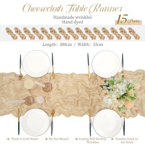 15 Packs Cheesecloth Table Runner Beige Semi-Sheer Table Runner 55x400cm, Light Brown Rustic Gauze Boho Table Runner - Image 2