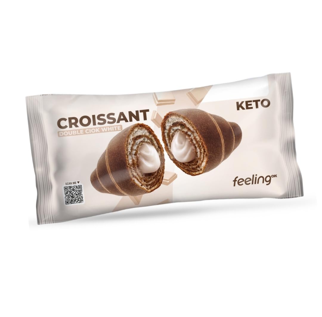 FEELING OK CROISSANT DOUBLE CIOK da 50 Gr CIOCCOLATO BIANCO - Cornetto Chetogenico Ripieno al Cioccolato Bianco con solo 5,20 Gr di Carbo e solo 0,50 Gr di Zuccheri (Box da 10 Pezzi da 50 Gr)