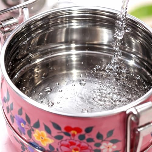 Image of iHandikart Handpainted Decorative Lunch Box Tiffin | Multiple Tier Stainless Steel Food Box | Designer Indian Print Tiffin for School | Diwali Gift, Navratri Gift (Color - Multicolor)