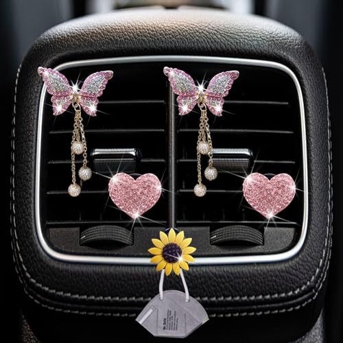 Image of 4 Pcs Pink Heart and Butterfly Pandent Air Vent Clips, Bling Heart Air Fresheners Vents Clips Diamond Car Interior Decor Bling Cute Car Accessories + Sunflower Mask Hook