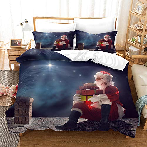 WRIXFA Housse de Couette 140x200cm 3D Le père Noël Parure de Lit 2 Personne Grand Taille avec Fermeture Éclair Sets de Housse Couette King Size avec 2 Taie d'oreiller Cover