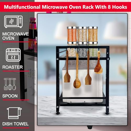 Image of REMANENCE 2 Tier Metal Microwave Stand || Microwave & OTG Stand for Kitchen Counter|| Double Platform for Extra Storage with Hooks|| Kitchen Oven Rack