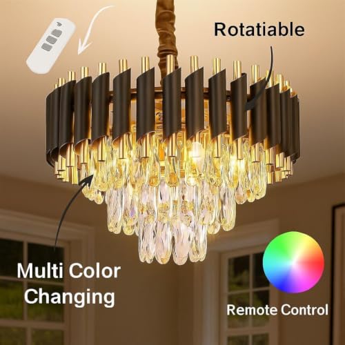 Image of Modern Ceiling Lamp 3-Tier Round Crystal Chandelier for Living Room | Bluetooth Remote Control and Moving Round| Speaker+ Multi Color LED Light (Remote Black Gold, 400MM)