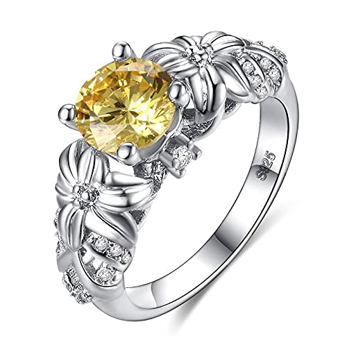 SixTwo Fashion Womens 925 Sterling Silver Ring 3.5ct Topaz Citrine Daisy Ring AAA Cubic Zirconia Sunflower Flower Round Cut Solitaire Engagement Wedding Ring ST.250 8