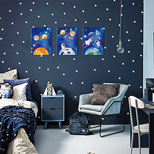 Image of CHDITB Framed Outer Space Art Prints Cartoon Watercolor Planet Wall Art Set of 3 Pieces (11.8x15.6inch), Universe Theme Canvas Painting, Spaceship, Astronaut For Kids Room Nursery Decor-Ready to Hang