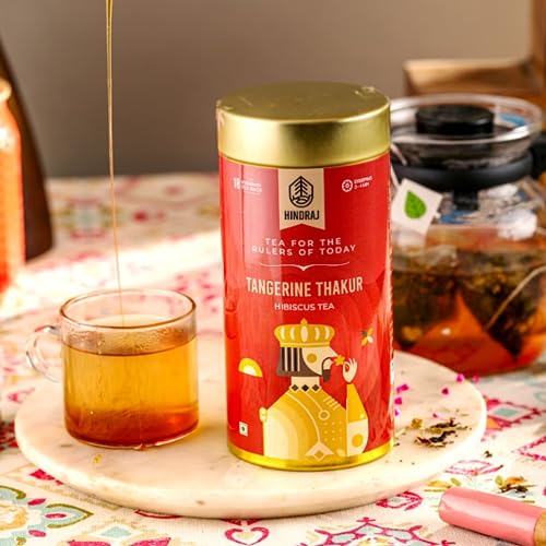 Image of Hindraj Tangerine Thakur Hibiscus Herbal Tea 18 Pyramid tea Bags Vibrant Natural Color, Ideal for Mocktails & Iced Tea, 100% Natural Ingredients Tart & Refreshing Herbal Blend, No Sugar