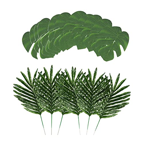 CXUKUN Tropical Plant Palm Leaves/Faux Monstera Leaves Stems, Artificial Palm Leaves and Hibiscus Flower Faux Leaves Safari Leaves Hawaiian Luau Party Suppliers Decorations