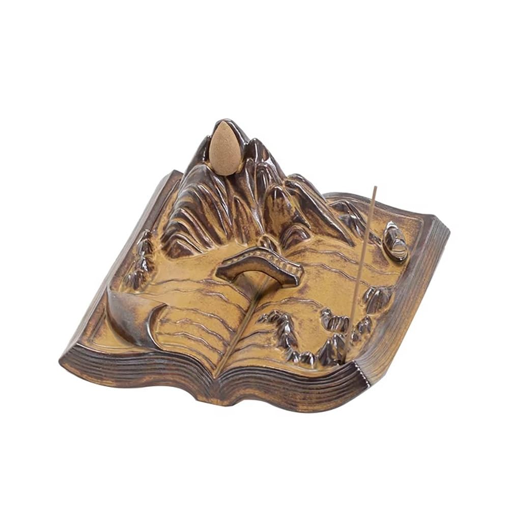 Bruciatore di incenso a cascata creativo a forma di libro in ceramica a flusso inverso, bruciatore di incenso in legno di sandalo con supporto per bastoncini, porta al vassoio della montagna dei libri