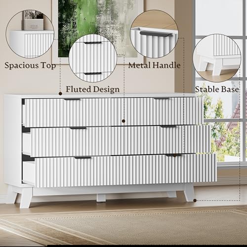 Image of BORNOON 53 inch Long Dresser for Bedroom, 6-Drawer Dresser with Fluted Fronts, Wide Wood Chest of Drawers, Smooth Metal Slides, Stable Base, Modern Clothes Storage Cabinet for Living Room, Hallway