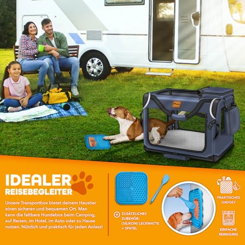 TRESKO® Hundebox faltbar inkl. Leckmatte, Spatel & Reflektoren M 61x42x42cm | Transportbox für Hunde und Katzen | Hundetransportbox Auto für kleine & große Hunde | Hundetasche robust Navyblau