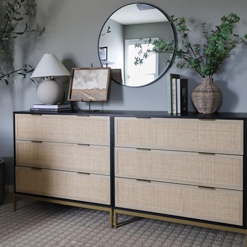 Image of Nathan James Kova Boho Dresser or Storage Cabinet with Drawers for Bedroom or Nursery with Textilene Rattan Accent and Metal Legs, Black Oak, Set of 2