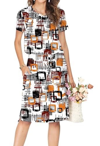 Image of Simier Fariry Women Summer Midi Knee Casual Dress Pocket Hide Belly Short Sleeve Spring Work Travel Teacher Outfit
