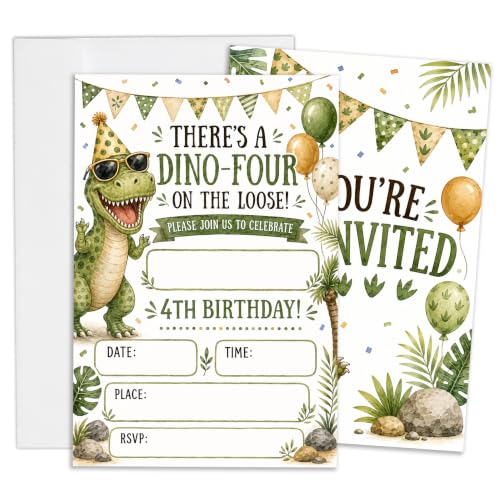 Wenkideer Dinosaur Birthday Invitations for Boys Dino Four Party Supplies