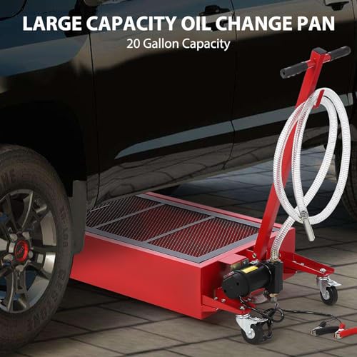 Image of Garvee 20 Gallon Oil Drain Pan Oil Drain Tank with 12V Electric Pump, 76L Low Profile Oil Drain Pan, Oil Change Pan with T Foldable Hand and Wheels, 8FT Hose Oil Drain Cart (Electric Pump - New)