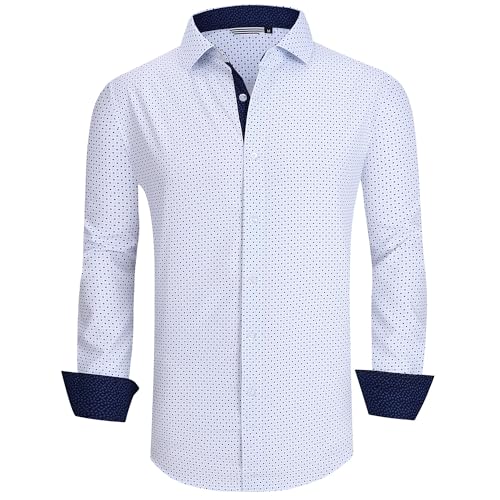 WARHORSEE Mens Casual Button Down Dress Shirts Long Sleeve 4-Way Stretch Collared Printed Business Work Shirt,Lake,L