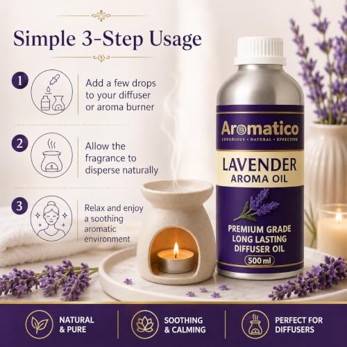 Image of AROMATICO Lavender Diffuser Oil with Strong, Long-Lasting Aroma for Homes, Offices & Showrooms. Aromatherapy, Diffusers, Air Purifiers, Vaporizers - 500ML