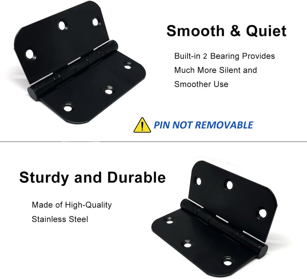 6 Pack 3.5'' Ball Bearing Door Hinges, 3.5in x 3.5in Stainless Steel Door Hinges with 5/8 inch Radius Corner for Exterior & Interior Doors (Black)