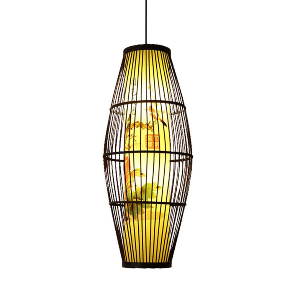 OZBMA Vintage Asian Japanese Style Suspension Lamp LED Ceiling Natural Bamboo Material Pendant Light Shade with Patterned Cylindrical Wood Basket Chandelier Wall Fixture Black (size_name 25cm*40cm)