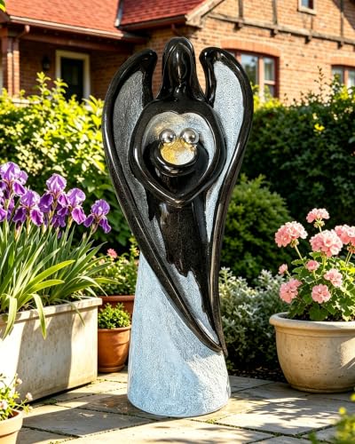 Image of Guardian Angel Outdoor Water Fountain with LED Lights Black Gray Resin 49in