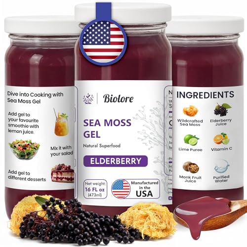 Biolore Wildcrafted Sea Moss Gel - Elderberry 16 oz - Flavored Sea Moss Gel with Essential Vitamins & Trace Minerals - Vegan Superfood - Made in USA, Gluten-Free, No Added Sugar