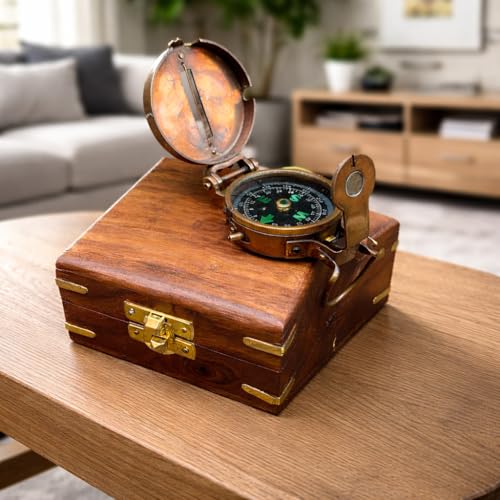 Brújula de bolsillo de latón macizo con caja de madera miniatura 2