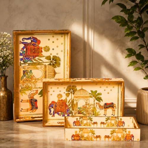 Image of Wooden Serving Tray with Gold Engraving | Set of 3 | Size : 16 x 10 inch, 14 x 8 inch & 12 x 6 inch | Enamel Coated Waterproof | Rectangular | Decorative Trays | Royal Camel and Elephant Set