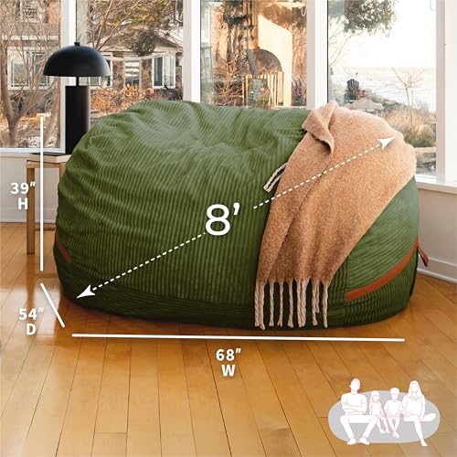 Image of Big Joe Fuf 8Ft Giant Foam Bean Bag Chair, Oversized Couch with Removable Cover for Kids, Teens, Adults, Moss Green Corded Plush, 8 Foot