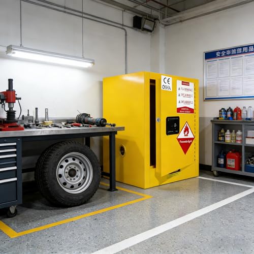 POWKOL 21‘’D x 21 ‘’W x 26 ‘’H Thick Chemilcal Flammable Storage Cabinets, Fireproof Storage Cabinets Adjustable Shelf Steel, for Industrial and Lab, Yellow