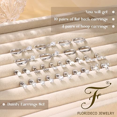 Florideco Hypoallergenic Flat Back Earrings for Women 14K Gold Plated Surgical Steel Stud Hoop Earrings for Sensitive Ears Stainless Steel Earrings Flatback Stud Cartilage Earring Set3