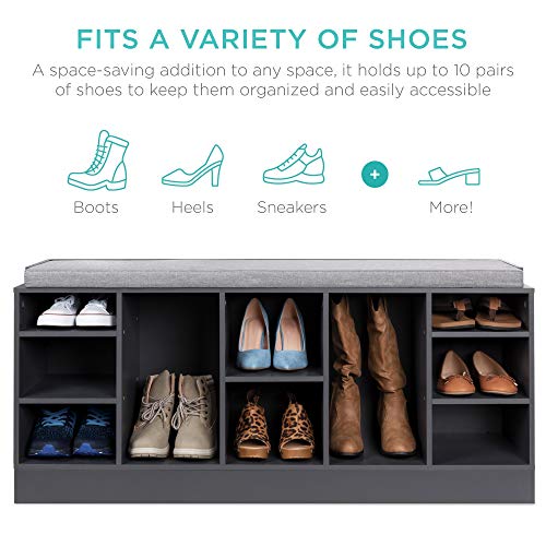 Best Choice Products 46in Multifunctional Space Saving Organization Storage Shoe Rack Bench for Entryway, Bedroom, Living Room w/Padded Seat, 10 Cubbies - Gray