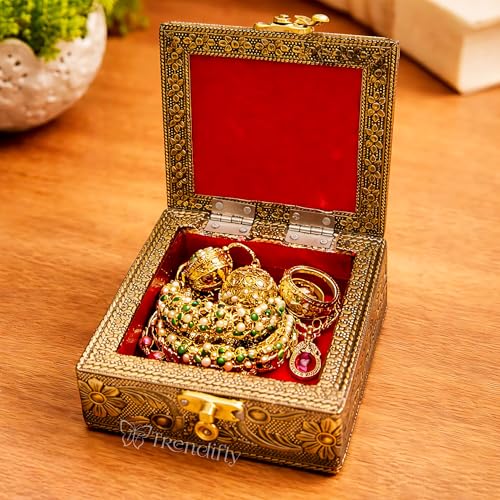 Image of Trendifly Pichwai Design Wooden Oxidised Jewellery Storage Box With Lock for Women 4 x 4 inch | Wood Jewel Earrings Ring Multipurpose Jewelry Organiser Box | Wedding Housewarming Pooja Return Gifts