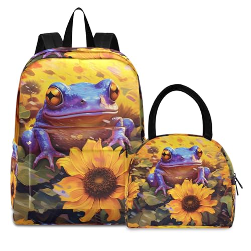 Backpack Lunch Box Set Large Capacity Travel Backpacks and Insulated Lunch Bag for Commute Hiking Picnic Sunflower Frog Print