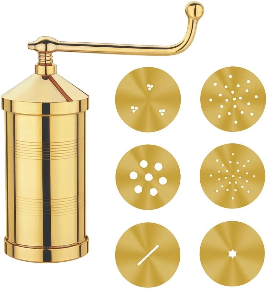 Premium Brass Sev Maker | Traditional Kitchen Press with 6 Interchangeable Jali Plates | Heavy-Duty Brass Snack Maker for Chakli, Murukku, Sev, Gathiya & Noodles | Handcrafted in India