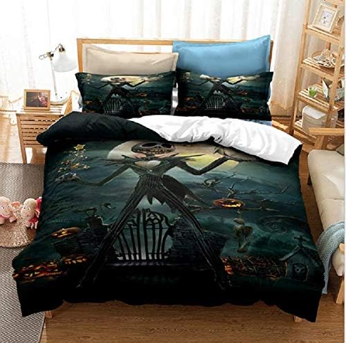 Vankie Nightmare Before Christmas Bedding Set 3D Skull Duvet Cover Set Jack Skellington, Soft 100% Microfiber Bed Set 3PCS, 1 Duvet Cover, 2 Pillowcase, No Comforter King Size