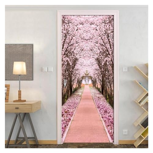 Rénover une porte abîmée avec le sticker mural chemin de cerisier rose