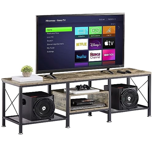 Image of VECELO Industrial TV Stand for 70 Inch Television Cabinet 3-Tier Console with Open Storage Shelves, Entertainment Center Metal Frame for Living Room, Bedroom, 63 Inch, Grey
