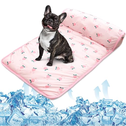PUMYPOREITY Cooling Dog Bed, Pet Cooling Mat with Pillow, Ice Silk Cooling Dog Blanket, Self Cooling Pad for Cat,Dog, Washable Summer Pet Mat for Kennel, Crates, Sofa, Floor, Pink, S