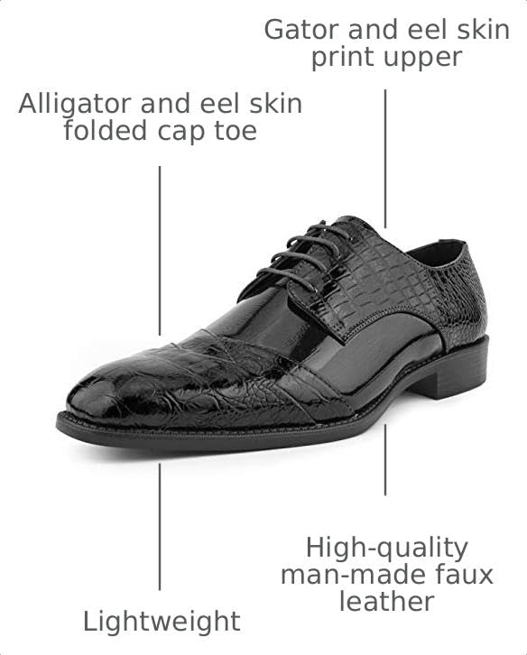 Image of Bolano Bandit Men's Alligator Print Cap-Toe Oxford Dress Shoes | Formal lace-up oxfords with alligator print, folded croc detailing and cap toe for tuxedo and dress wear