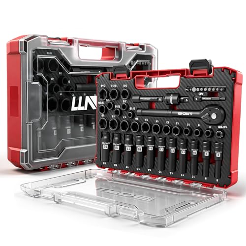 Image of LLNDEI 45PCS 3 /8 Inch Drive Impact Socket Set (Metric&Sae) with Transparent Case and EVA Foam Insert, Cr-V Material, for Automotive Engine and Daily Home Repair