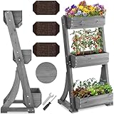 tectake® Vertikalbeet mit 3 Etagen, Hochbeet aus Holz, Pflanztreppe, Hochbeet Balkon, Blumenbeet, Kräuterbeet, Gemüsebeet, Pflanzenregal, Blumenkasten Holz mit Pflanzvlies - grau, 60 x 49 x 140 cm